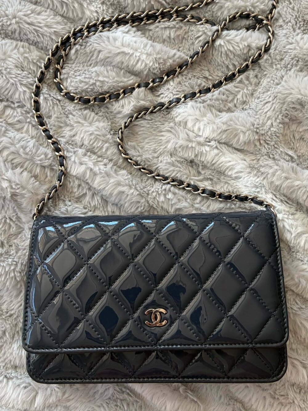 Chanel Patent Leather Navy Blue Wallet on Chain